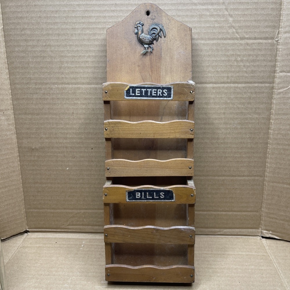 Vintage Japan Wood Letters Bills Wall Mail Organizer Rooster 15" Mid Century